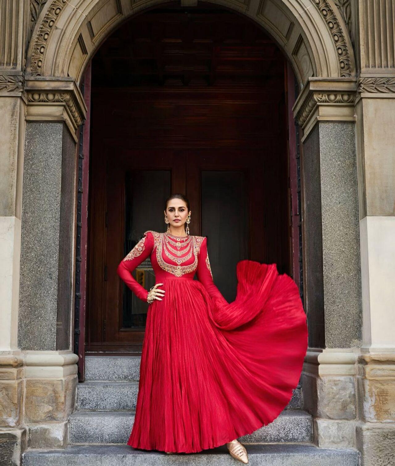 Huma embraces the boldness of red with silhouettes that exude authority, glamour, and a fearless spirit